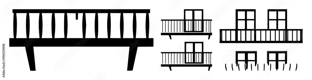 Fototapeta premium Balcony icon set with minimalist solid black icon on white background featuring balcony, icon, architectural, outdoor, window with building and façade.