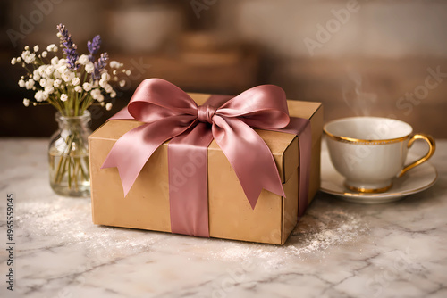 Rustic bakery box tied with a dusty rose silk ribbon on a marble counter. Wildflowers in a vase and a gold-rimmed teacup nearby. Shallow depth of field, warm tones. 16:9.