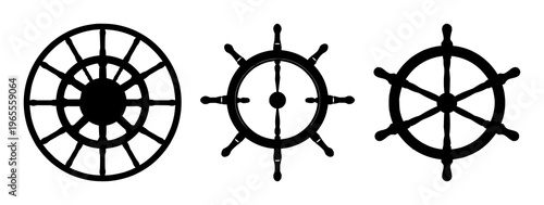 Cruise ship steering wheel icon set with solid black design on white background featuring maritime, navigation, ship with black and white and vector