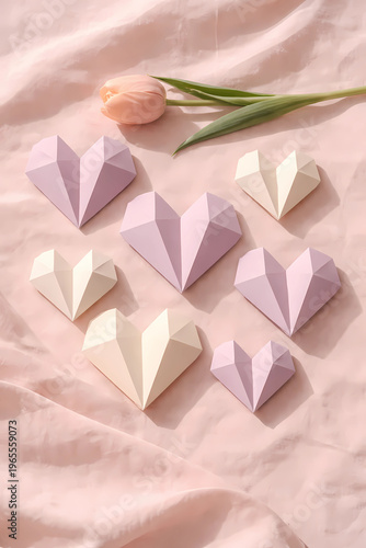 Artistic shot of 3D origami-style paper hearts in lilac and cream on folded pink linen. A single peach tulip lies horizontally across the frame. Geometric shadows, serene mood. 3:2.