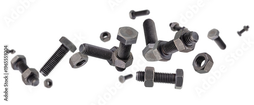 Photography Black hardened bolts and nuts fly and levitate in space