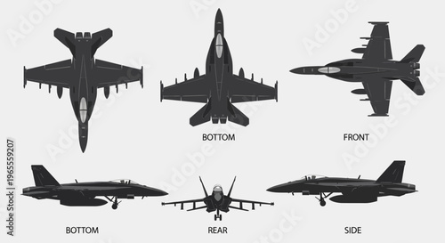 Modern Military Fighter Jet Technical Blueprint - Multi-View Orthographic Projections of a Dark Grey Interceptor Aircraft