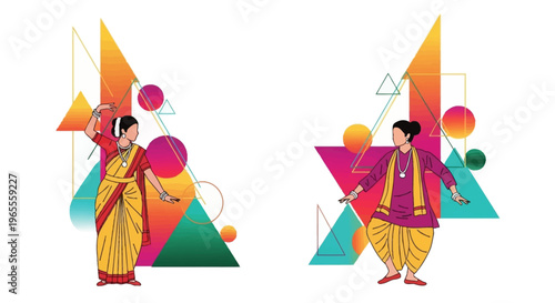 Two Indian dancers in traditional attire performing a classical dance with abstract geometric shapes in the background.