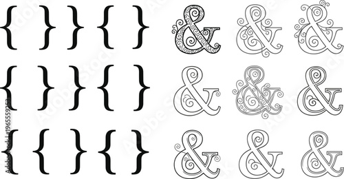 Curly Brackets and Ampersand Symbols Set Decorative Typography Elements with Ornamental Ampersand Vector Illustration Collection for Graphic Design