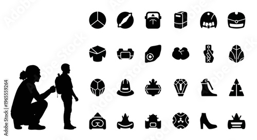 Silhouettes of Parent Helping Child with Backpack and Set of Minimalist Equipment Icons