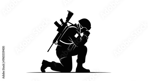 Soldier Silhouette Kneeling in Prayer with Rifle - Military Veteran Memorial and Remembrance Concept Illustration isolated on white