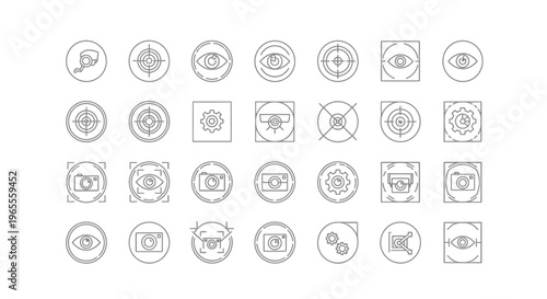 Collection of minimalist line art icons depicting eyes cameras and targets