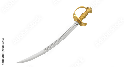 A shiny sword with a gold hilt lies on a transparent background.