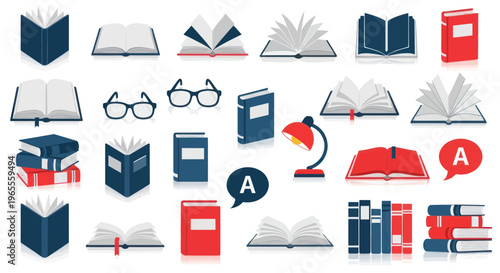Collection of Open and Closed Books, Glasses, Lamp, and Speech Bubbles