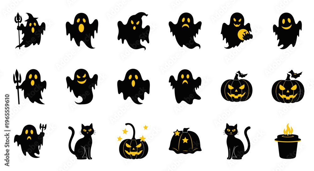 Obraz premium Halloween Icons: Ghosts, Pumpkins, Black Cats & Candle - Spooky Vector Set