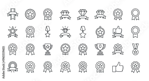Collection of linear icons representing awards stars ribbons and trophies