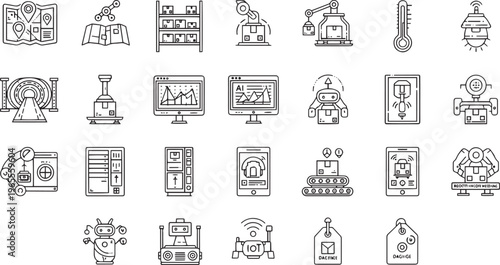 Smart Industry and Logistics Automation Line Icon Set