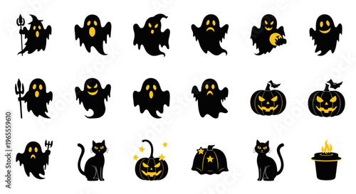 Halloween Icons: Ghosts, Pumpkins, Black Cats & Candle - Spooky Vector Set