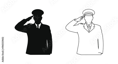 Military salute icons, soldier saluting, black silhouette, line art