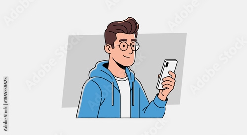 Modern Flat Vector Illustration of a Young Man with Glasses Using a Smartphone