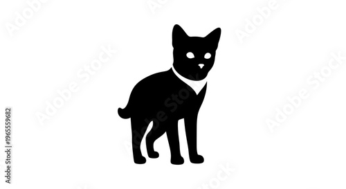 Black Cat Silhouette Icon - Minimalist Kitten Vector Illustration on White Background