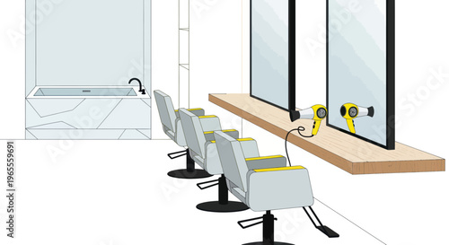 Modern Hair Salon Interior with Styling Chairs, Mirrors, and Hairdryers