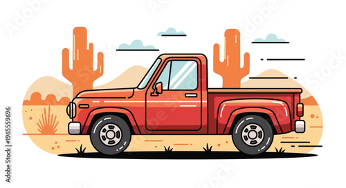 Vintage Red Pickup Truck Driving Through Desert Landscape with Cacti Illustration