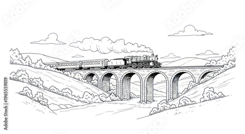 Vintage Steam Train Crossing Arched Stone Bridge in Rural Landscape