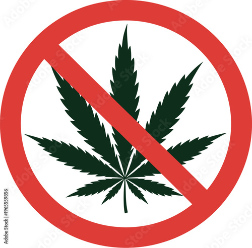Say no to drugs icon featuring a prohibition symbol with a marijuana leaf, representing anti-drug message and no smoking policy, vector illustration on white background