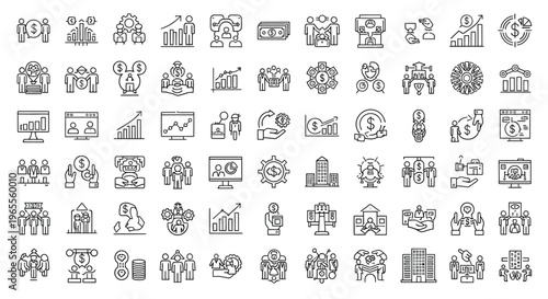 Collection of business and finance icons in a linear style