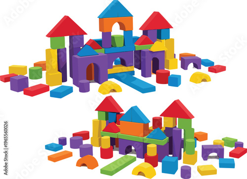 Colorful Toy Block Castles Set with Plastic Building Bricks Construction Toy Structures Vector Illustration Collection for Kids Education and Play Design