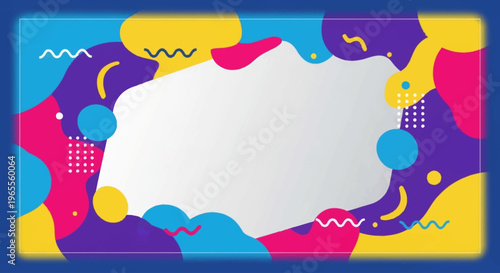 Abstract colorful fluid shapes and geometric patterns forming a vibrant border around a central white space.