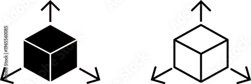 Various designs of a cube logo with directional arrows showing movement up and down, left and right for graphic design use