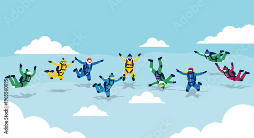 Skydiving People in Colorful Jumpsuits Freefalling in the Sky Extreme Sport Parachuting Vector Illustration for Adventure and Sport Design