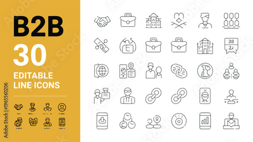 A collection of business icons features various professional digital symbols