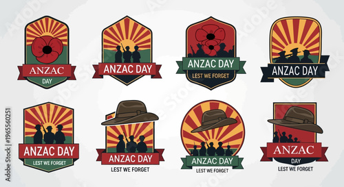 ANZAC Day Emblem Collection with Red Poppies, Soldier Silhouettes, and Slouch Hat Symbols for Remembrance Day and Commemoration. Set of "Lest We Forget" Badges.
