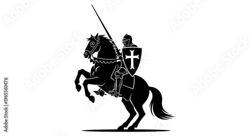 Medieval Knight Silhouette on Rearing Horse, Crusader Warrior with Lance and Shield Illustration