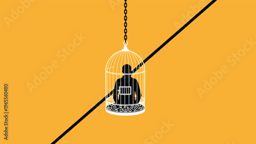 Silhouette of a man sitting inside a white birdcage hanging from a heavy black chain representing lack of freedom or being stuck in a routine.