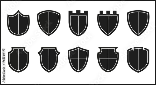 Set of 10 Black Shield Icons, Heraldic Crests, and Security Symbols for Logo Design and Branding
