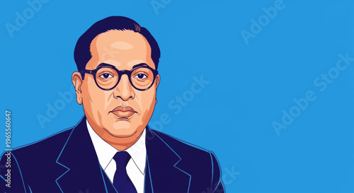 A digital illustration of Dr. B.R. Ambedkar, an Indian jurist, economist, and social reformer, wearing a suit and glasses against a blue background.