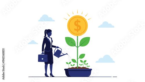 Businesswoman nurturing a plant that grows into a large golden coin to illustrate the concept of wealth cultivation and financial planning.