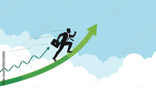 Ambitious businessman sprinting up a large green upward arrow towards the sky representing rapid success and market growth.