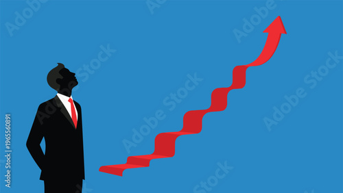 Confident businessman looking towards a red staircase shaped like an upward arrow representing the steps needed for corporate success.