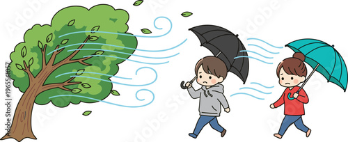 Windy Weather Scene with Tree Blowing in Wind and People Walking with Umbrellas Cartoon Vector Illustration for Storm and Weather Concept