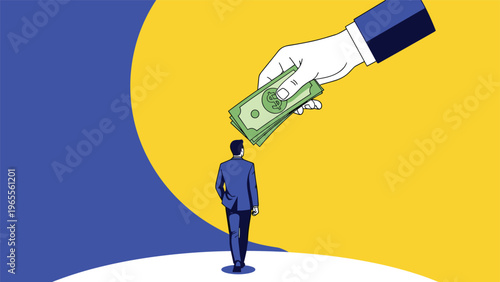 Large hand holding a stack of dollar bills over a small businessman walking on a yellow and blue circular background.