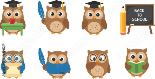 Cartoon vector illustration of wise owls with graduation caps, books, and school accessories for education and creative projects