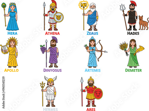 Colorful cartoon vector illustration of famous Greek gods and goddesses with mythological attributes, perfect for educational and creative projects