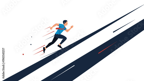 Man in a blue shirt running with great speed up a steep dark road representing hard work and intense competition.