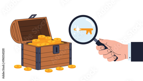 Hand holding a magnifying glass to reveal a glowing golden key hidden inside a treasure chest filled with gold coins.