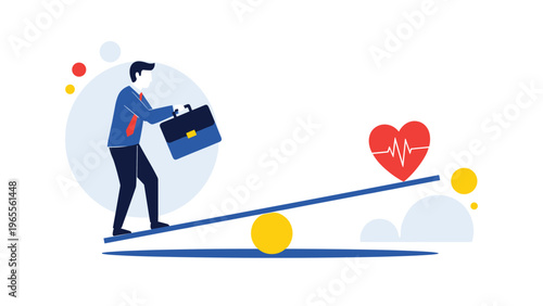 Businessman in a suit walking on a see-saw that is being balanced by a red heart with a pulse line on the other end.