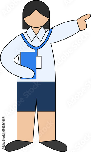 A young businesswoman in formal wear points with one hand and holds a file in the other, wearing an ID badge.