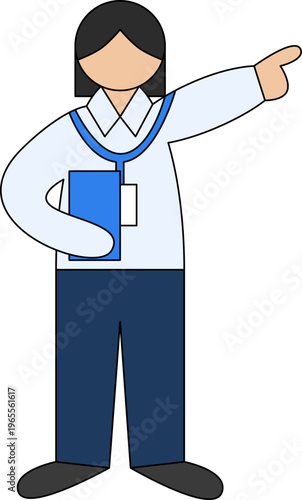 A young businesswoman in formal wear points with one hand and holds a file in the other, wearing an ID badge.