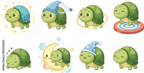 Adorable cartoon vector illustration of green turtle character in playful, magical, and bedtime themed poses for creative projects