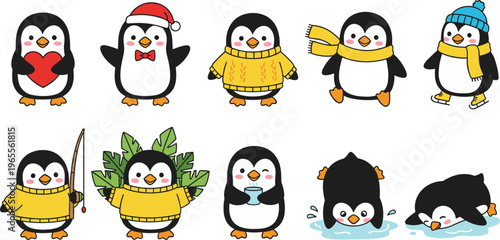 Cartoon vector illustration of adorable penguins in playful winter outfits, activities, and seasonal themes for creative design projects