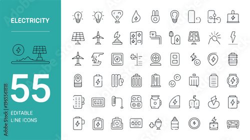 A collection of electricity icons featuring various minimalist e-commerce symbols and illustrations.